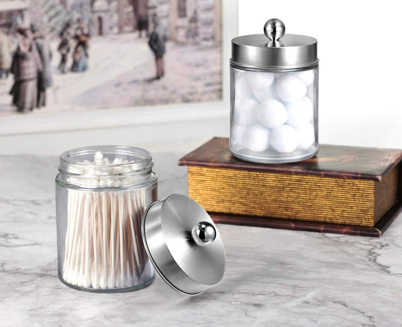 Amolliar Apothecary Jars Bathroom Vanity Organizer -Countertop Canister Jar with Storage Lid - Qtip Dispenser Holder Glass for Qtips,Cotton Swabs,Makeup Sponges,Hair Band - Brushed Nickel (2 Pack) - Image 4
